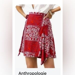 Anthropologie Mini Skirt Flared Embroidered Asymmetrical Hemline Red Size 14 NWT